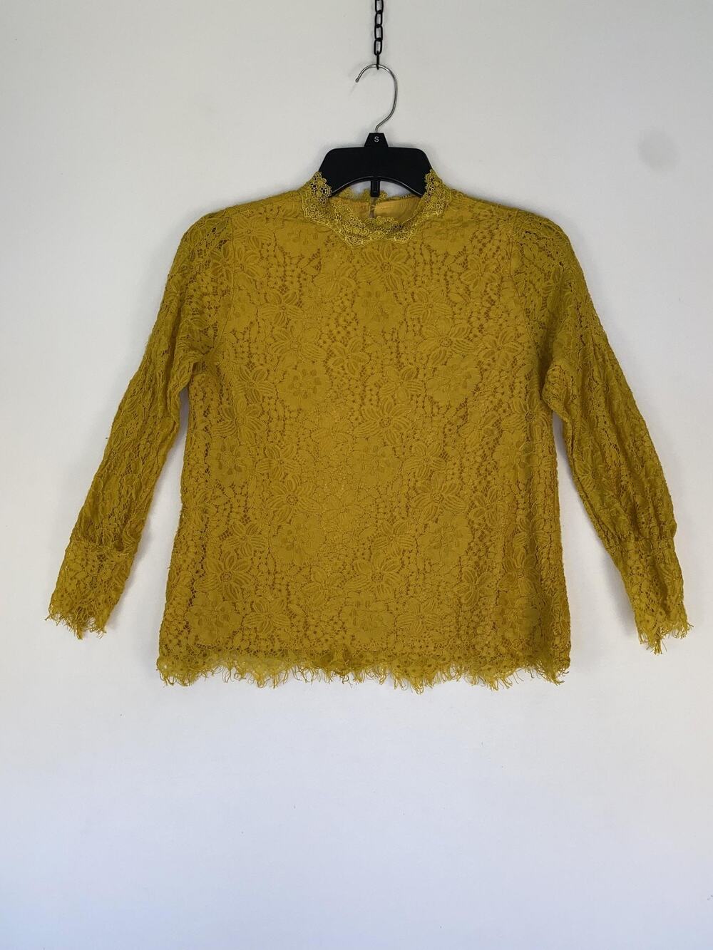 Lipslide Blouse Womens Small Yellow Lace Mock Neck Long Sleeve Sheer Party Top
